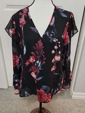 a new day Black Floral V-Neck Blouse with Red & Pink Flowers